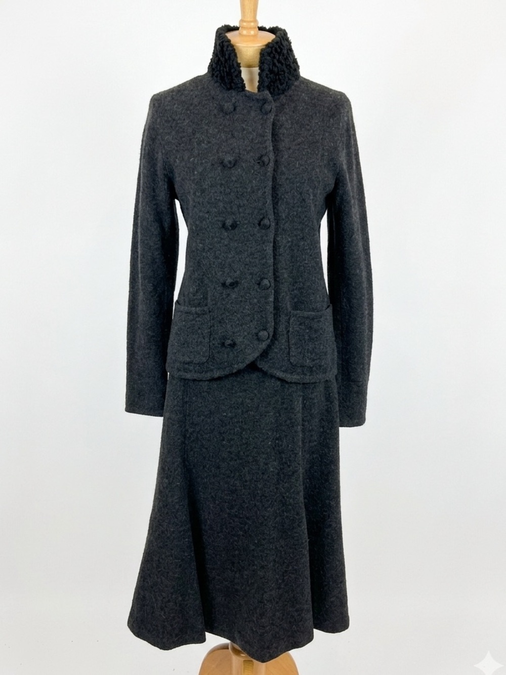 Ralph Lauren charcoal grey equestrian wool jacket sweater skirt set vintage